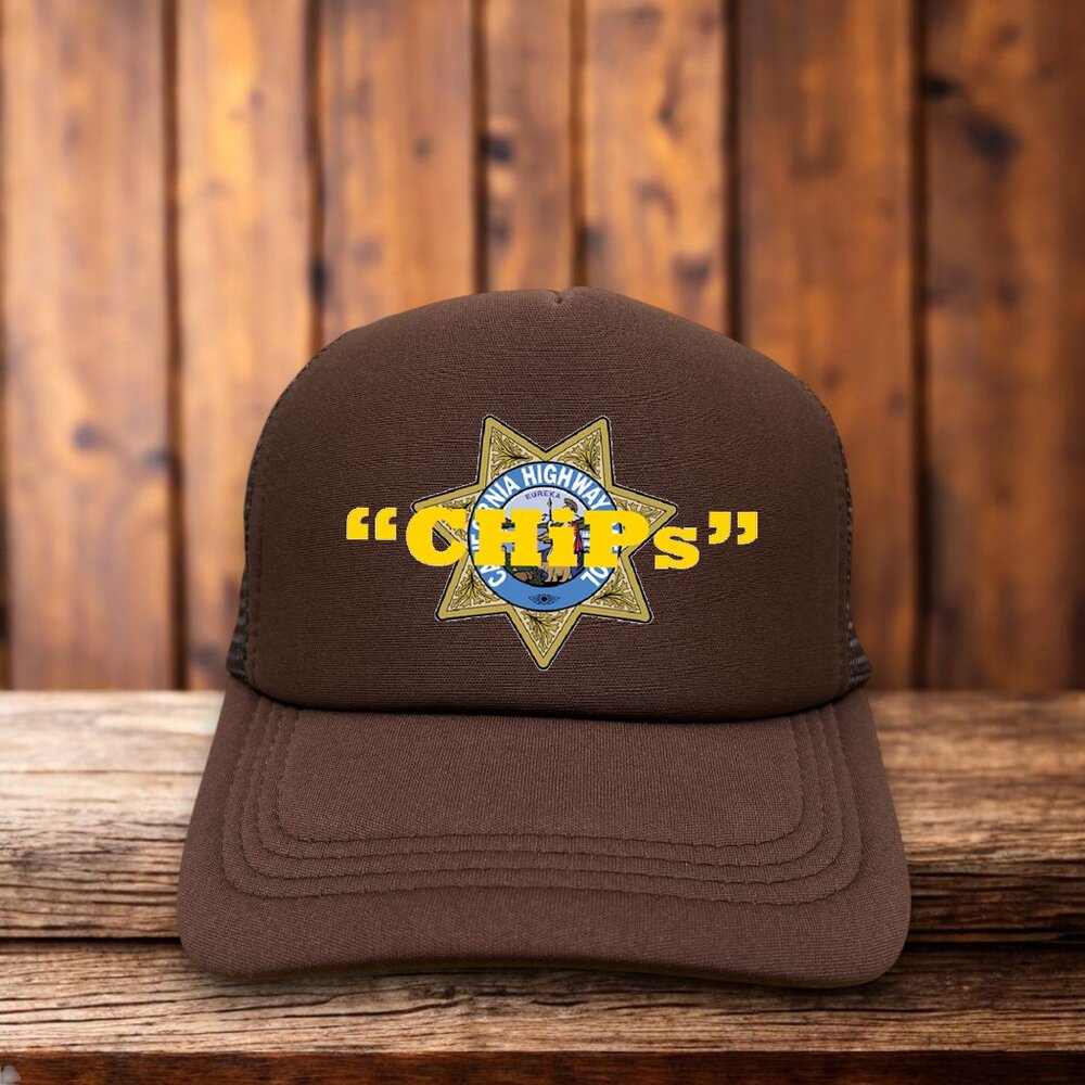 Chips Mens Trucker Hat Brown Snapback 70s Motorcycle Cop Retro TV Show Ball Cap